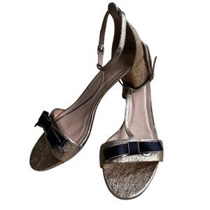 J Crew gold metallic sandals t-strap black bow US size 10  leather mid high heel